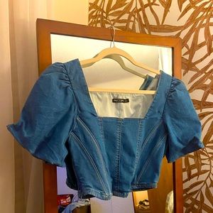 Denim Jean Cropped Corset Top with Pouf Sleeve Detail Nasty gal sz S M L